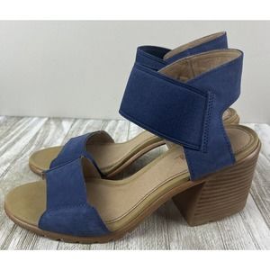 Sorel Joanie II Blue Leather Slip On Wedge Sandals Ankle Straps Zip Shoe 10